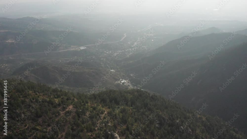 Wide aerial trucking shot of Manitou Springs, Colorado, through wildfire smoke. Wide aerial trucking shot of Manitou Springs, Colorado, through wildfire smoke.