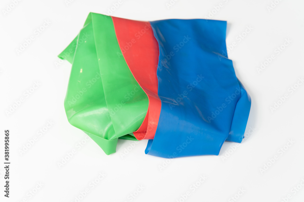 Light (Blue), Medium (Green) and Heavy (Red) Weight Tension Bands, for Fitness Training in Gym.