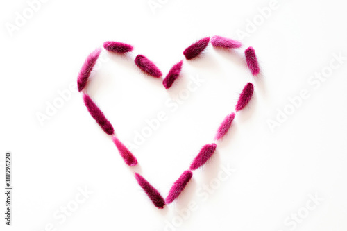 Heart laid out of purple dried flowers isolated on a white background. Happy valentine s day greeting card design. Top view