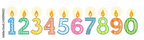 Happy birthday! Set of festive anniversary colorful wax candles. All numbers. In cartoon style. Isolated on white background. Vector flat illustration.