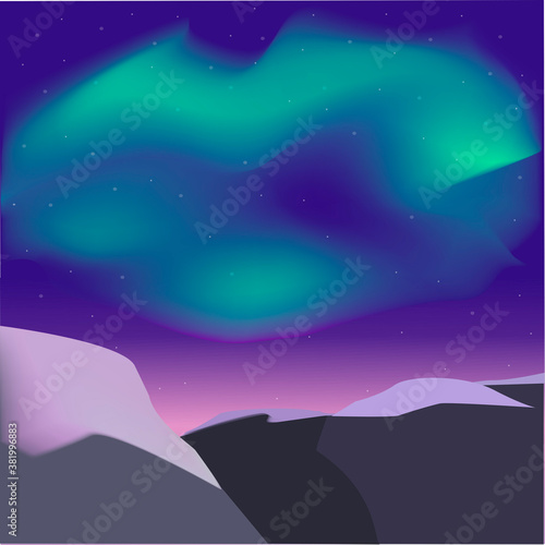 Vector illustration of the northern lights and mountains. Scandinavian landscape.
