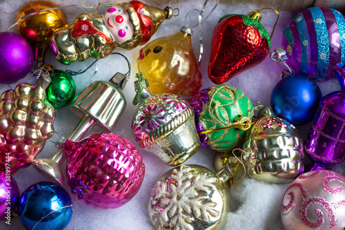 A box with old Soviet glass Christmas toys unpacked in anticipation of the holiday.