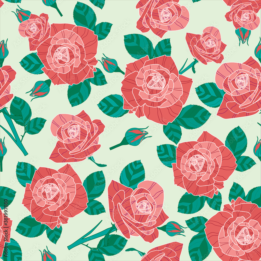 Pattern Background With Red Rose And Leaves. Pattern Background With Red Rose And Leaves.