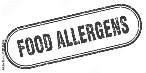 food allergens stamp. rounded grunge textured sign. Label