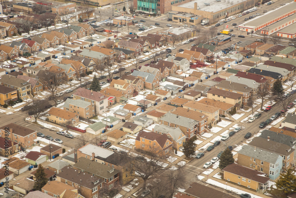 Aerial view of residential area about six miles southwest of downtown Chicago