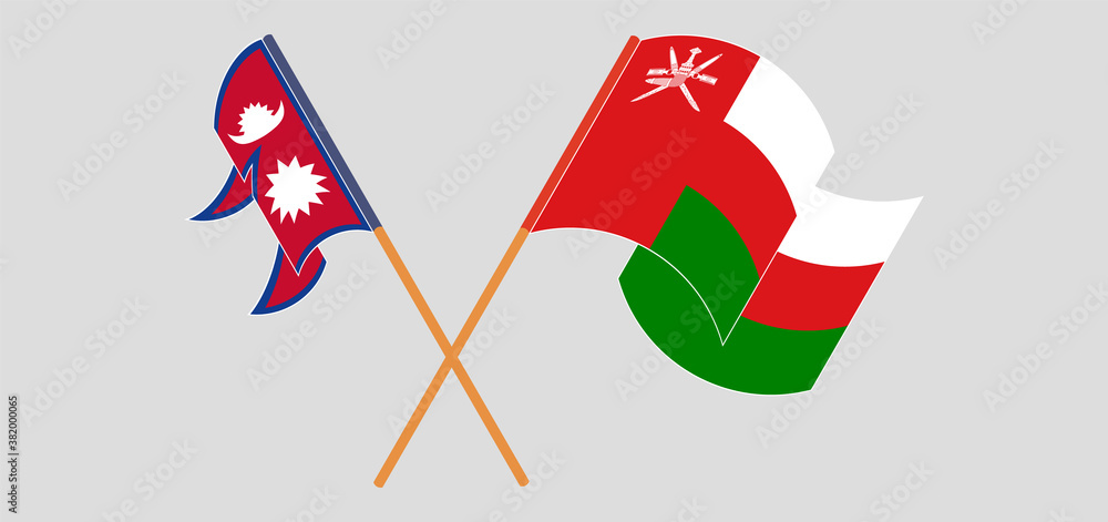 Crossed and waving flags of Nepal and Oman Crossed and waving flags of Nepal and Oman