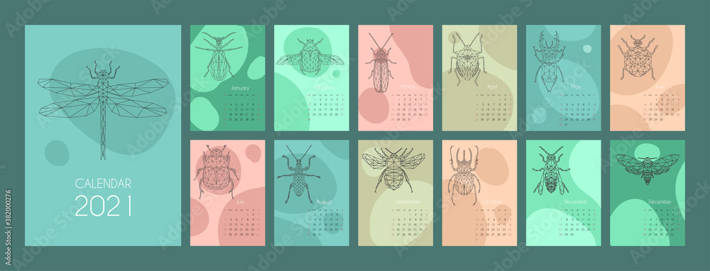 Template calendar 2021. Graphic design of the calendar with insects in the Low polygonal style. Set of 12 months 2021. The week begins on Sunday. Business calendar. Stoke vector illustration.