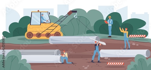Underground conduit development. Pipe laying in ground construction process. People worker builder installing pipeline into trench using crane bulldozer. Industrial equipment, engineer team at work