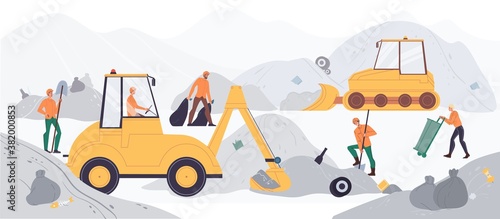 Waste processing industry. People worker in overalls engaged in garbage separation, sorting, recycling, transportation using hand tools special equipment, heavy machinery vehicle at modern landfill