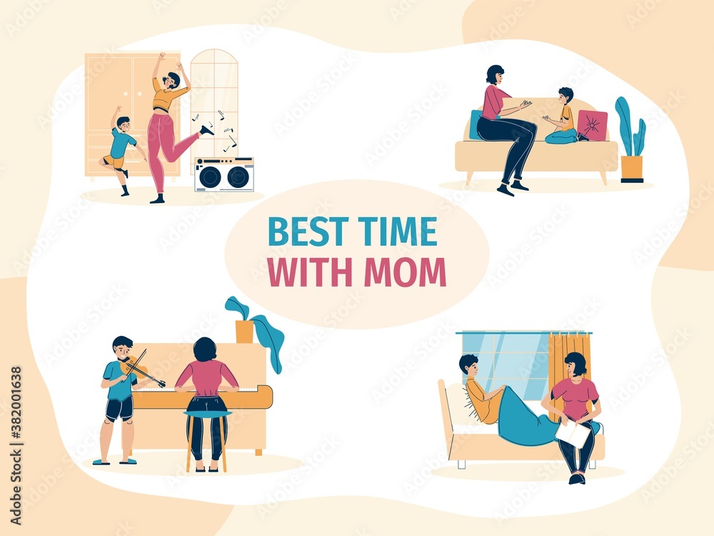 Mother son best time together motivation scene set. Mom boy child listening music dancing, playing musical instrument performing home concert, talking, reading together. Daily family life