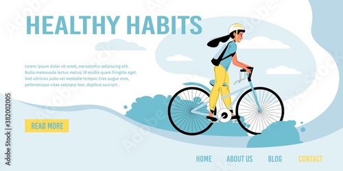 Everyday cycling outdoor activity. Healthy children habit, active leisure, daily life routine. Young happy schoolgirl cyclist riding bicycle. Eco-friendly transport. Landing page design template