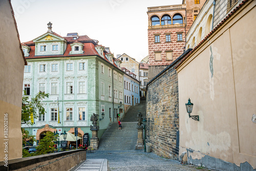 Prague  Czech republic - September 20  2020. Ke Hradu street during pandemic situation without tourists - Covid-19 - empty street heading to Prague Castle