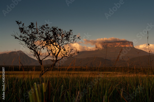 View with of the Ptari Tepui plateau at sunset on the way to the Karuay waterfall La Gran Sabana Venezuela photo