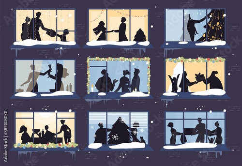 Evening Christmas window show happy family, decorated New Year xmas tree silhouette. Parent children, lovers, friends celebrating winter holiday party together greeting each other. View from outside