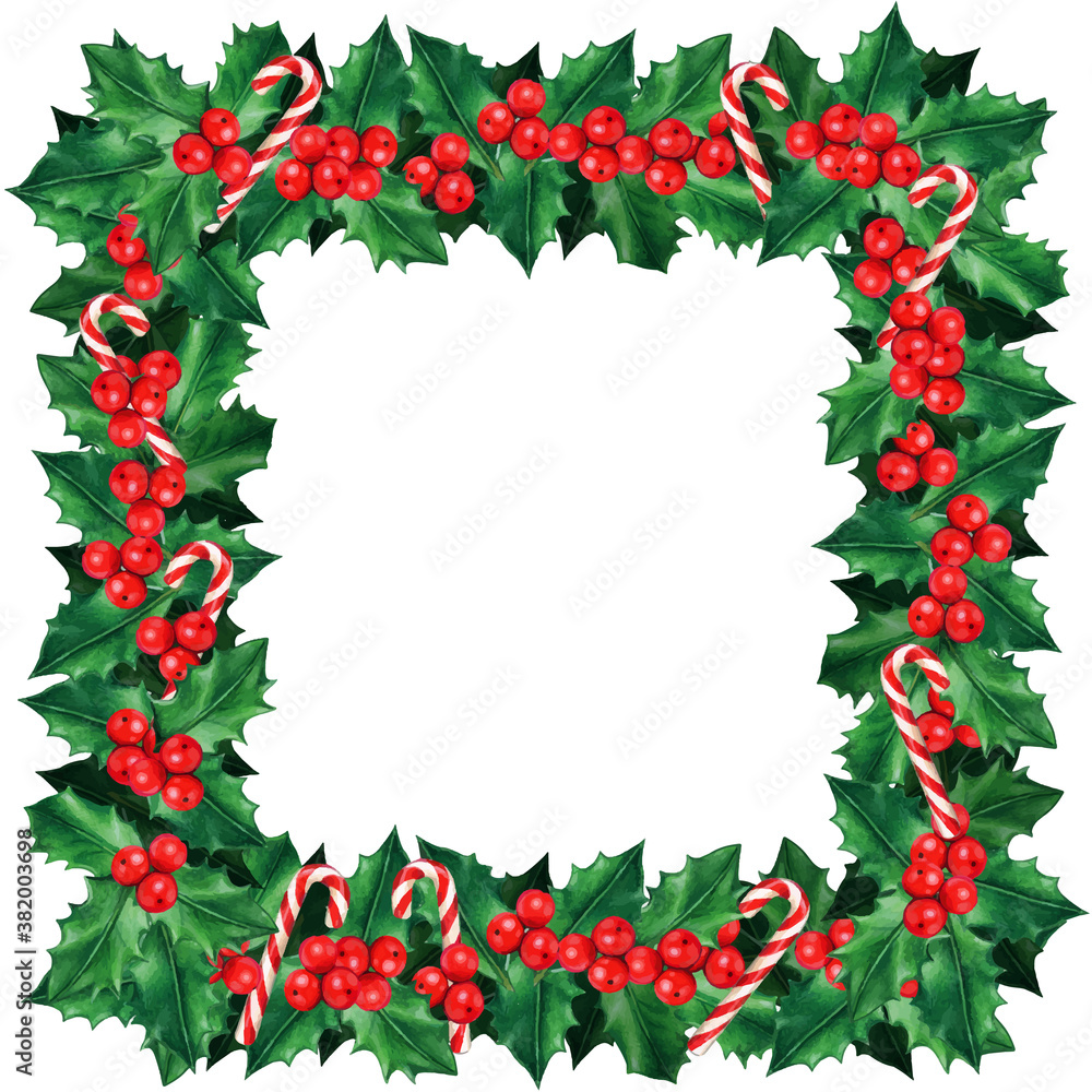 Watercolor square frame of holly and candy canes Watercolor square frame of holly and candy canes