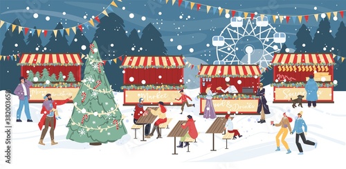 Traditional winter holiday celebration. Night christmas fair under snowfall. People visiting fairground having fun rest. Food drink local street market, outdoor cafe around decorated xmas tree