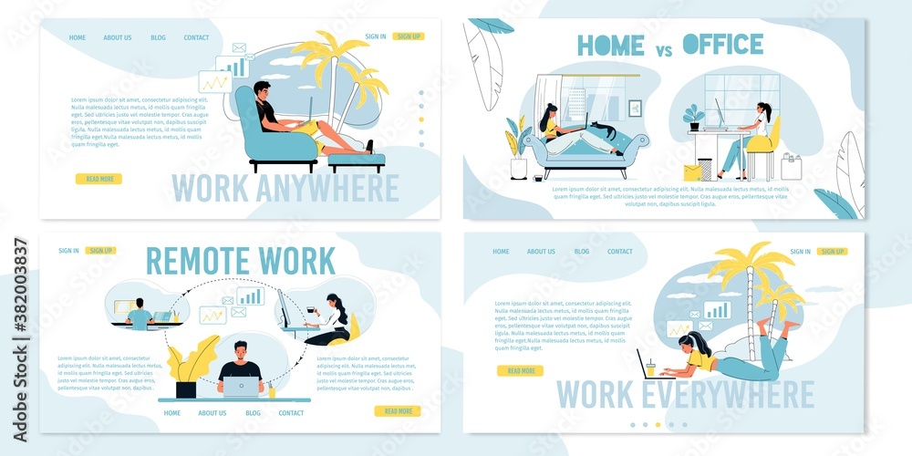Remote work on freelance, distant coworking vs office job occupation daily routine. Company team online communication, working on internet from anywhere. Landing page, poster design set