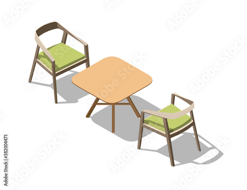 Flat 3d isometric color office chairs and table. Creative interior furniture set isolated on white background. For infographics and design games. Vector illustration