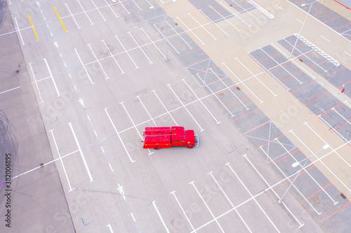 Aerial view on theold  fireman truck on the parking loton fire photo