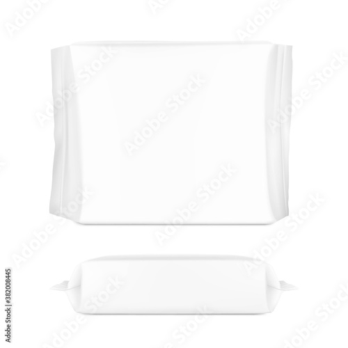 High realistic  package bag with seam mockup. Front and side view. Vector illustration isolated on white background. Easy to use for presentation your product, design. EPS10.	