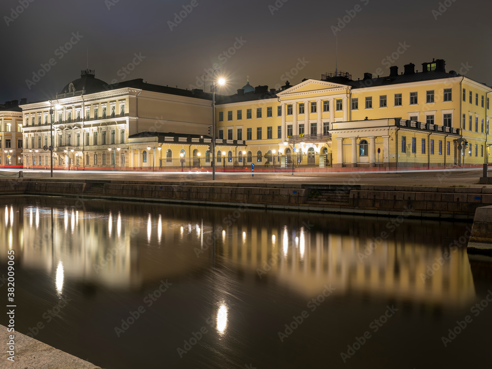 A beautiful night cityscape of the presidential palace of Finnish president in downtown Helsinki right next to the market square.