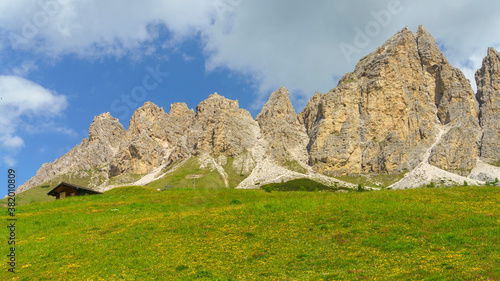 Mountain landscape along the road to Gardena pass, Dolomites