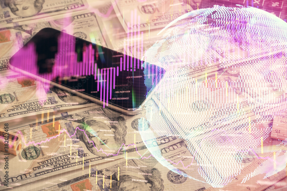 Double exposure of forex graph drawing over us dollars bill background. Concept of financial markets. Double exposure of forex graph drawing over us dollars bill background. Concept of financial markets.