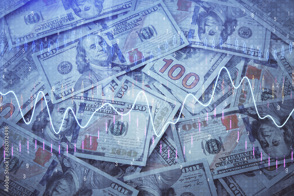 Double exposure of forex graph drawing over us dollars bill background. Concept of financial markets. Double exposure of forex graph drawing over us dollars bill background. Concept of financial markets.