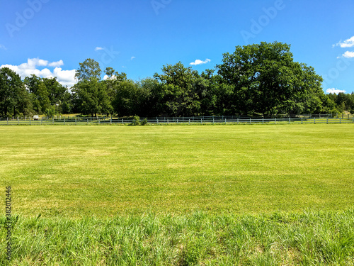 Part of a green lawn at a park, without any people visible. Nice climate with some clouds at the blue sky a calm and relaxing day. Jarfalla, Stockholm, Sweden,  photo