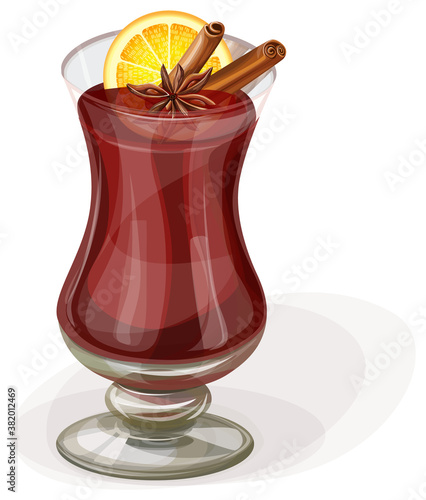 Vector image of hot mulled wine cocktail on spices. EPS 10