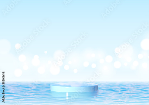 Vector 3D realistic round podium on water background. Empty pedestal for the presentation. Poster for cosmetic products. Background with crystal clear water of light blue color