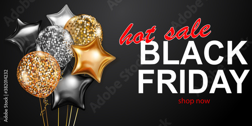 Black Friday sale banner with golden and silver balloons on dark background. Vector illustration for posters, flyers or cards.