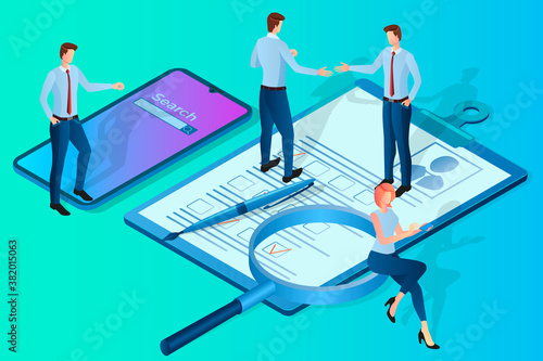 Personnel selection.People select employees for businesses.Search for vacancies review of questionnaires and resumes.3D image.Isometric vector illustration.