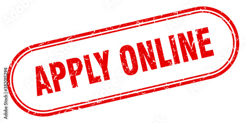 apply online stamp. rounded grunge textured sign. Label