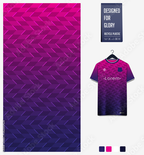 Fabric pattern design. Geometry pattern on violet background for soccer jersey, football kit, bicycle, e-sport, basketball, sports uniform, t-shirt mockup template. Abstract sport background. Vector 