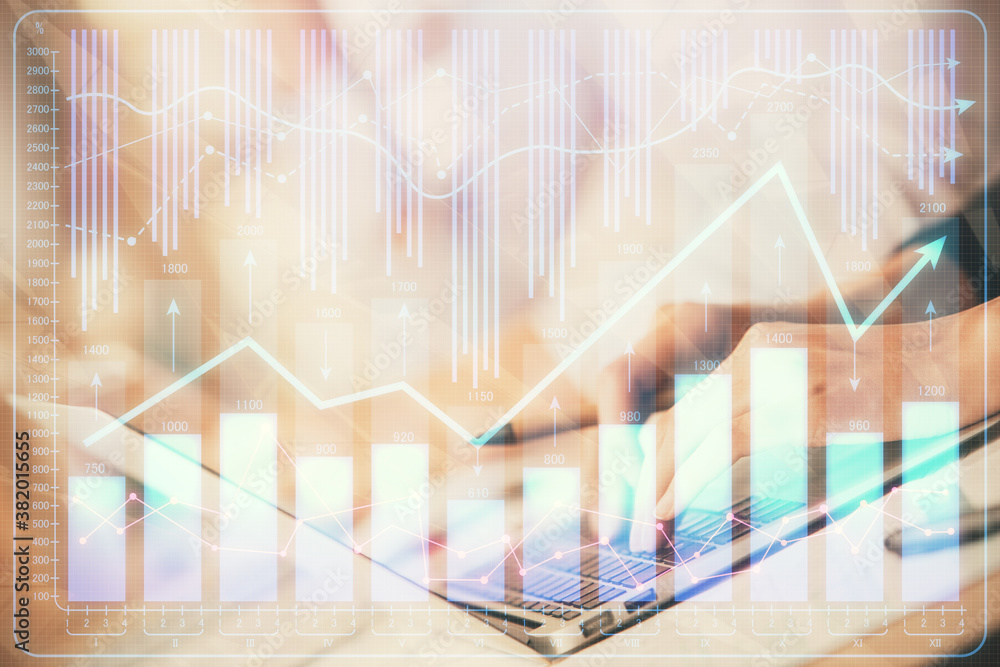 Double exposure of woman hands typing on computer and forex chart hologram drawing. Stock market invest concept. Double exposure of woman hands typing on computer and forex chart hologram drawing. Stock market invest concept.