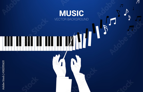Conductor hand with piano key transform to music note. Background concept for classic song event and music festival