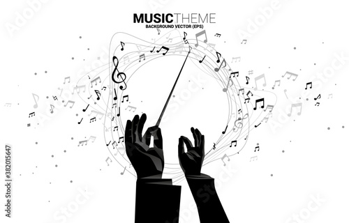 Vector template banner and poster Conductor hand with music melody note dancing flow . Concept background for song and concert theme.