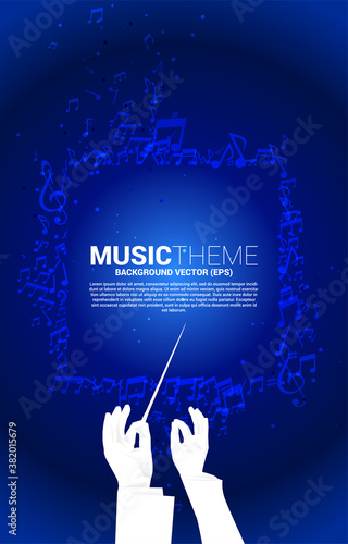 Vector template banner and poster Conductor hand with music melody note dancing flow . Concept background for song and concert theme.