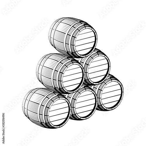 Vector hand drawing wood black barrel with a tap on a stand icons on white background. Engraving style illustrations. Perspective veiw. woodcut