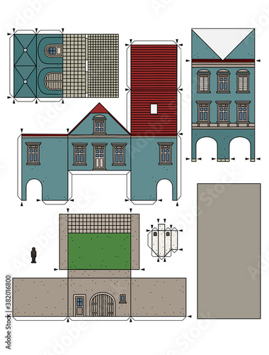 The vectorized hand drawing of an paper model of the old blue  town burger house