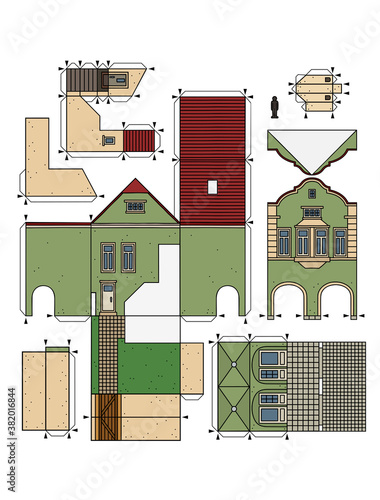 The vectorized hand drawing of an paper model of the old green town burger house
