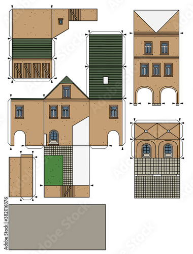 The vectorized hand drawing of an paper model of the old beige  town burger house