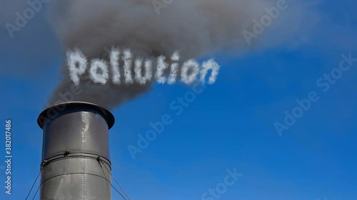 Dark smoke emanating from a black metal chimney with the word pollution on the screen to symbolize the climate change emissions
