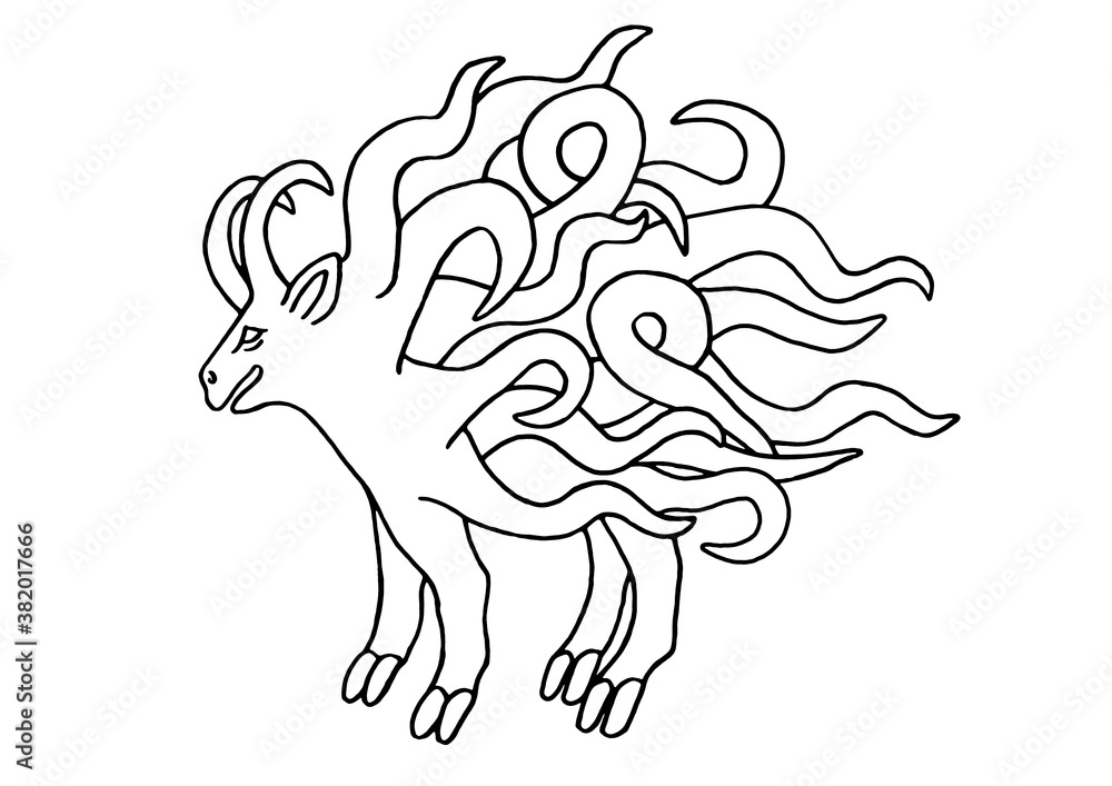 Shub-Niggurath, depicted in a primitive manner in the style of medieval bestiaries, in the picture is a horned goat with a lot of tentacles, Bitmap, Concept suitable for book illustrations. Shub-Niggurath, depicted in a primitive manner in the style of medieval bestiaries, in the picture is a horned goat with a lot of tentacles, Bitmap, Concept suitable for book illustrations.