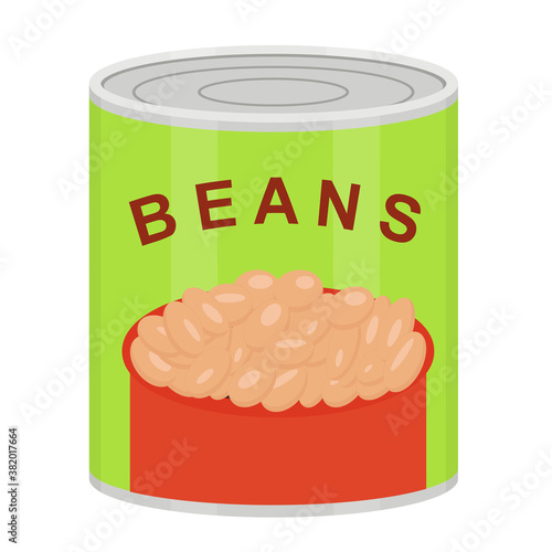 Tin can with canned baked beans. Vector flat illustration
