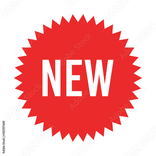 Red starburst sticker with new sign - circle sun and star burst badges and labels with text about new product.