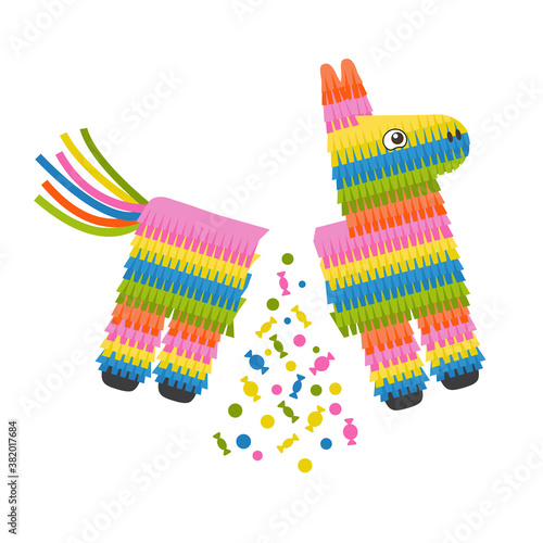 Broken pinata donkey for birthday party. Sweets and candy pour out from toy. Vector illustration in flat style