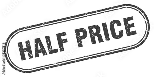 half price stamp. rounded grunge textured sign. Label