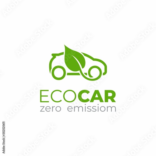 Eco car logo template. Green car icon. Green leaf and car sign.  Environment protection transport symbol.